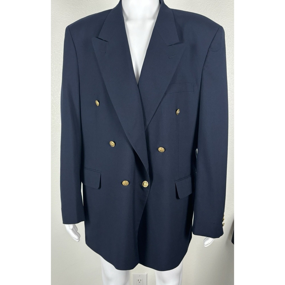 New Castle & York Navy Blazer 46L Double Breasted Gold Button Virgin Wool